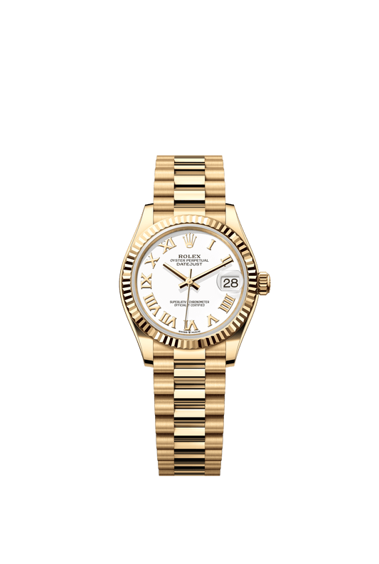 Rolex Oyster Perpetual Datejust 31 in 18 ct yellow gold features a white dial and a President bracelet 278278-White