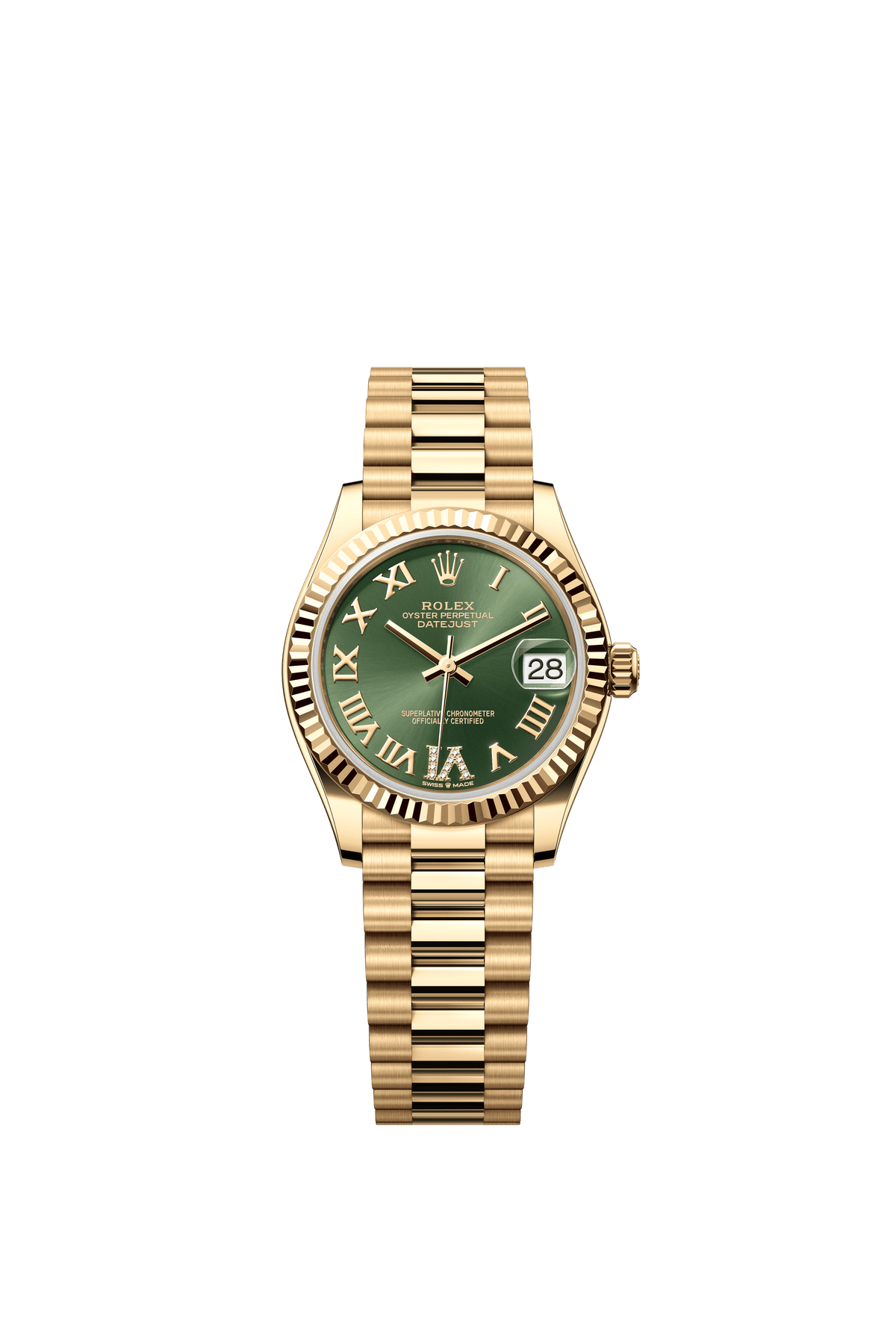 Rolex Oyster Perpetual Datejust 31 in 18 ct yellow gold features an olive-green, diamond-set dial and a President bracelet 278278-Green