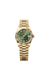 Rolex Oyster Perpetual Datejust 31 in 18 ct yellow gold features an olive-green, diamond-set dial and a President bracelet 278278-Green