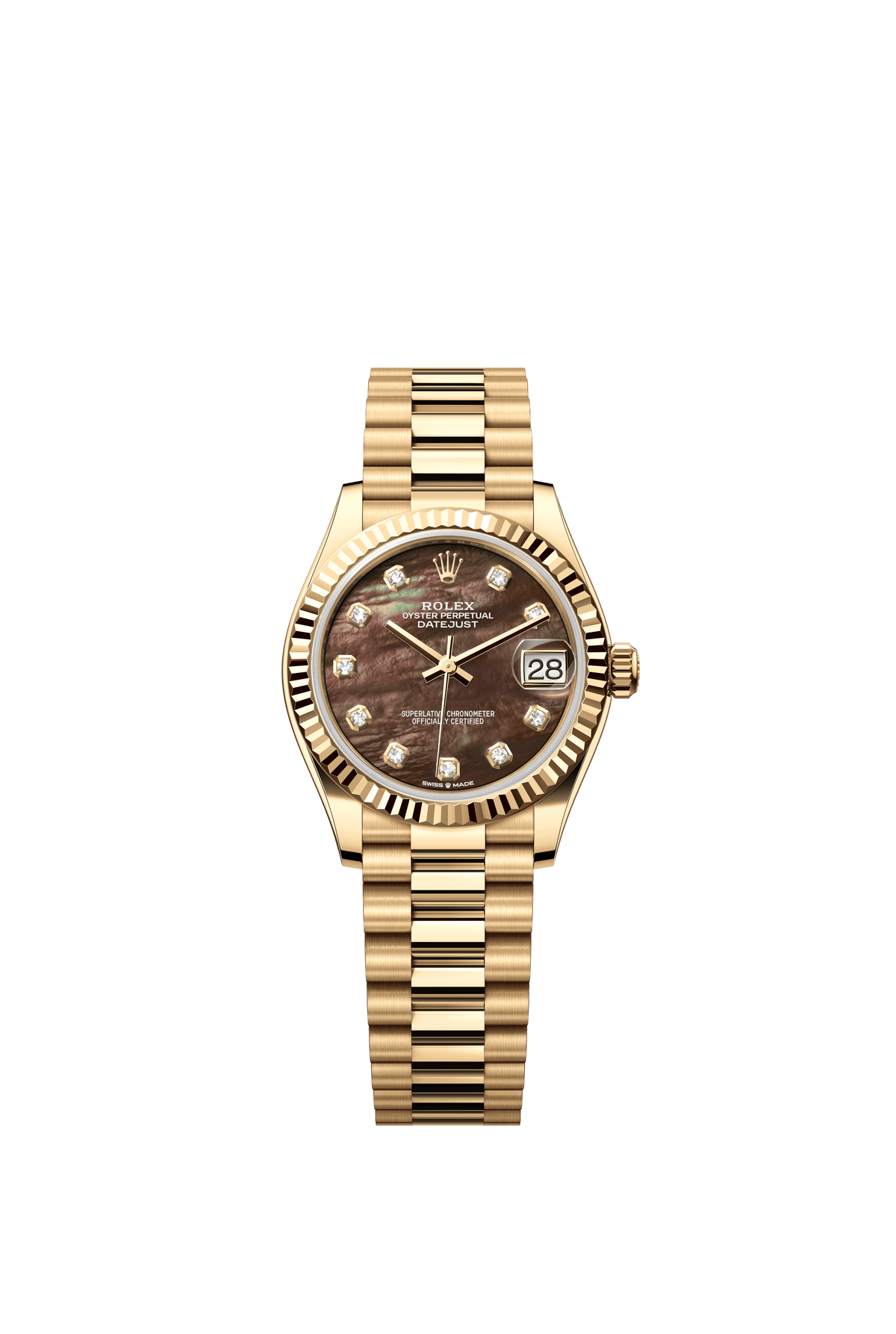 Rolex Oyster Perpetual Datejust 31 in 18 ct yellow gold features a black mother-of-pearl, diamond-set dial and a President bracelet 278278-Black Mother of Pearl