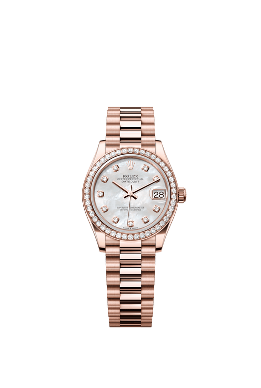 Rolex Oyster Perpetual Datejust 31 in 18 ct Everose gold features a white mother-of-pearl, diamond-set dial and a President bracelet 278285RBR-Mother of Pearl