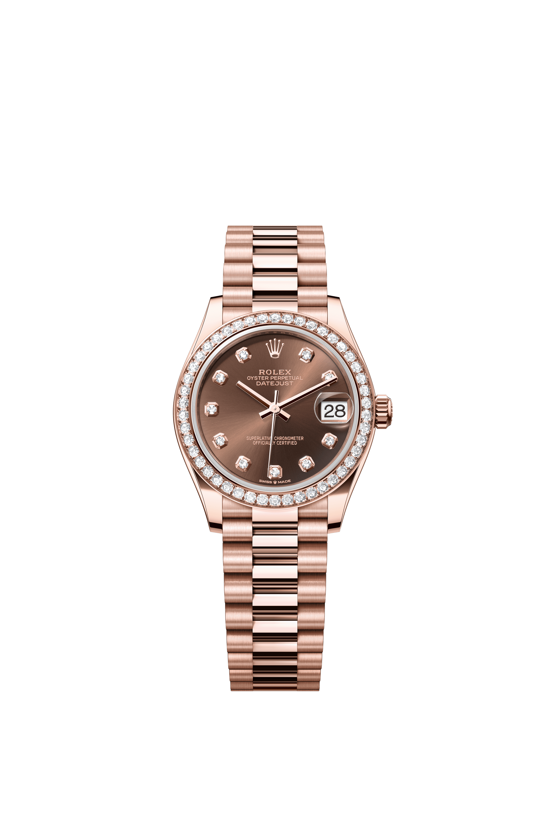 Rolex Oyster Perpetual Datejust 31 in 18 ct Everose gold features a chocolate, diamond-set dial and a President bracelet 278285RBR-Chocolate Diamond