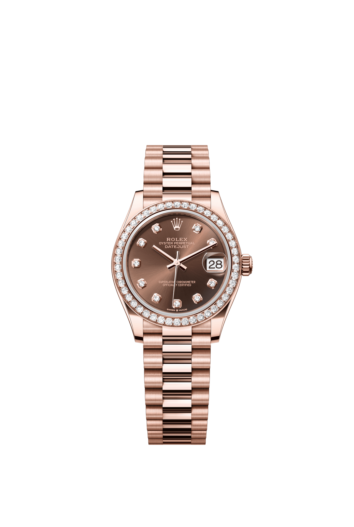 Rolex Oyster Perpetual Datejust 31 in 18 ct Everose gold features a chocolate, diamond-set dial and a President bracelet 278285RBR-Chocolate Diamond