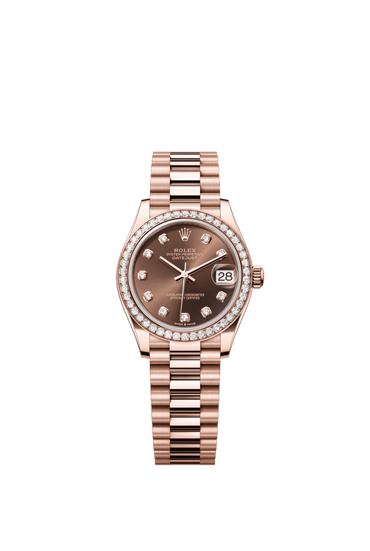 Rolex Oyster Perpetual Datejust 31 in 18 ct Everose gold features a chocolate, diamond-set dial and a President bracelet 278285RBR-Chocolate Diamond