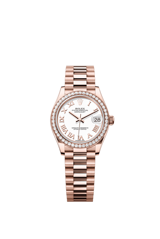 Rolex Oyster Perpetual Datejust 31 in 18 ct Everose gold features a white dial and a President bracelet 278285RBR-White