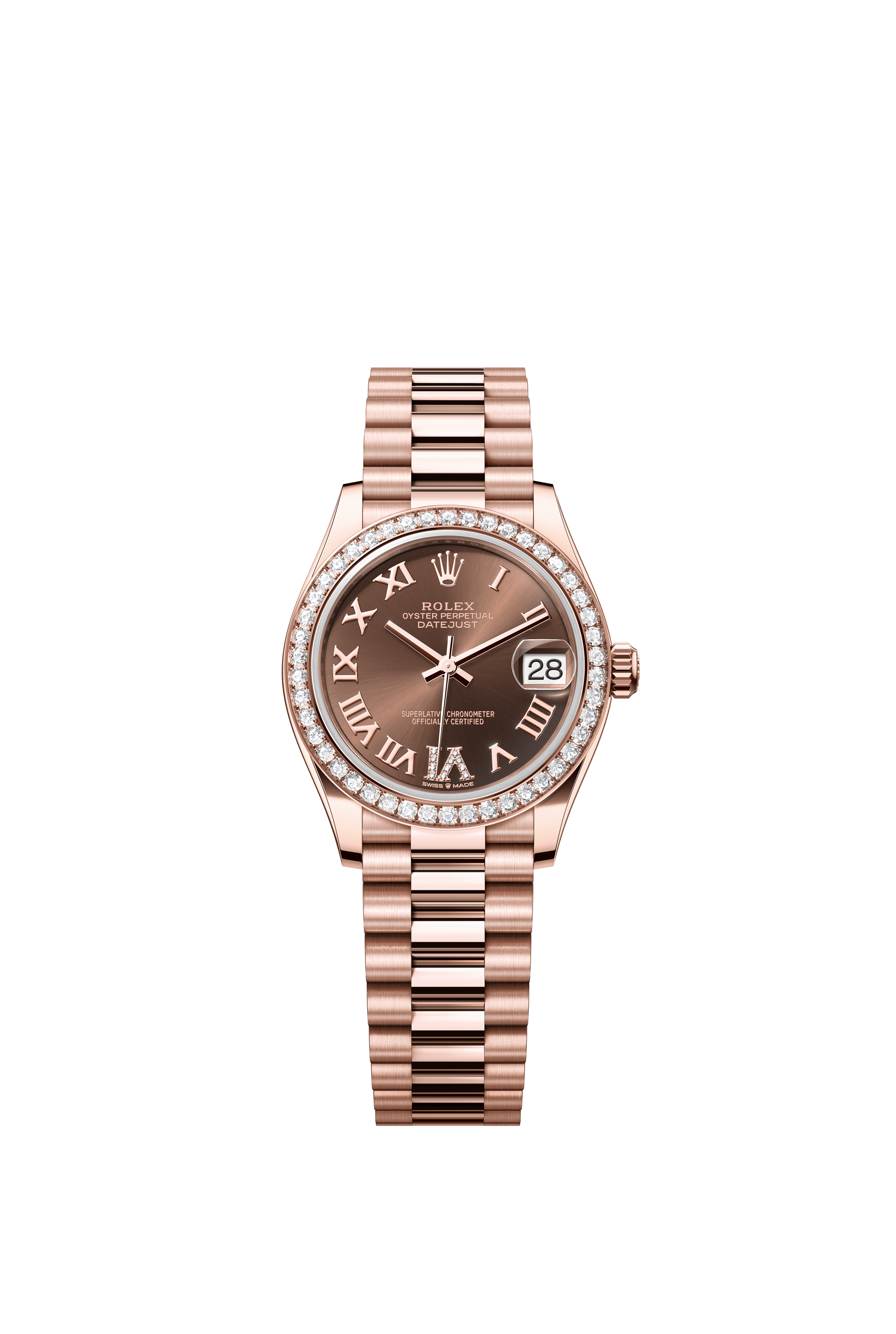 Rolex Oyster Perpetual Datejust 31 in 18 ct Everose gold features a chocolate, diamond-set dial and a President bracelet 278285RBR-Chocolate