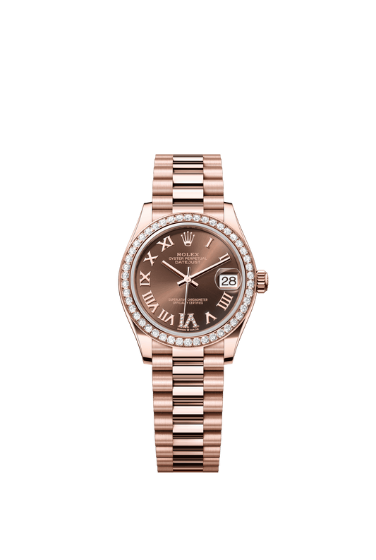 Rolex Oyster Perpetual Datejust 31 in 18 ct Everose gold features a chocolate, diamond-set dial and a President bracelet 278285RBR-Chocolate