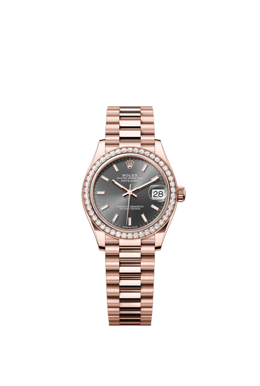 Rolex Oyster Perpetual Datejust 31 in 18 ct Everose gold features a slate dial and a President bracelet 278285RBR-Slate 1