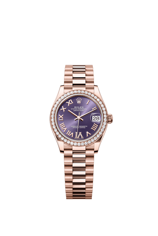 Rolex Oyster Perpetual Datejust 31 in 18 ct Everose gold features an aubergine, diamond-set dial and a President bracelet 278285RBR-Aubergine