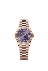 Rolex Oyster Perpetual Datejust 31 in 18 ct Everose gold features an aubergine, diamond-set dial and a President bracelet 278285RBR-Aubergine