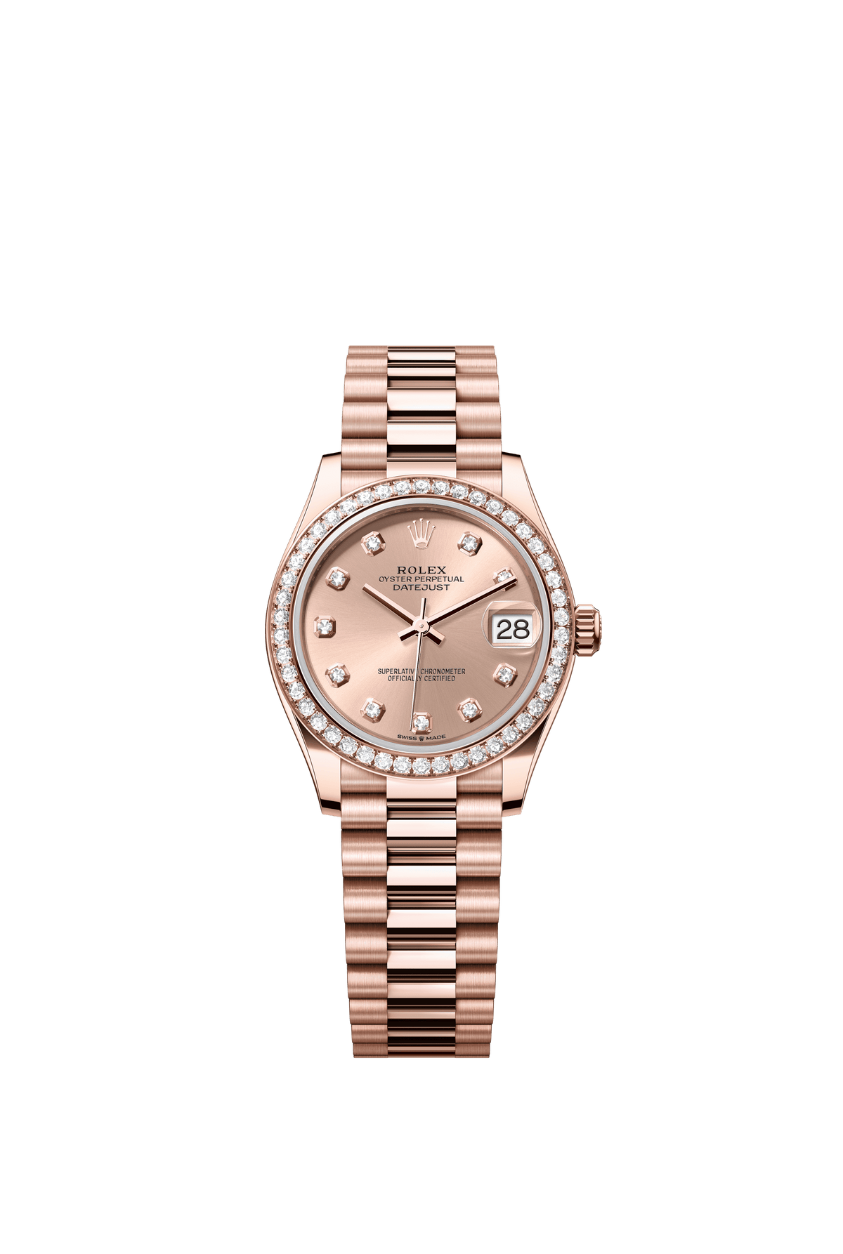 Rolex Oyster Perpetual Datejust 31 in 18 ct Everose gold features a rosé colour, diamond-set dial and a President bracelet 278285RBR-Rose Gold