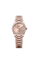 Rolex Oyster Perpetual Datejust 31 in 18 ct Everose gold features a rosé colour, diamond-set dial and a President bracelet 278285RBR-Rose Gold