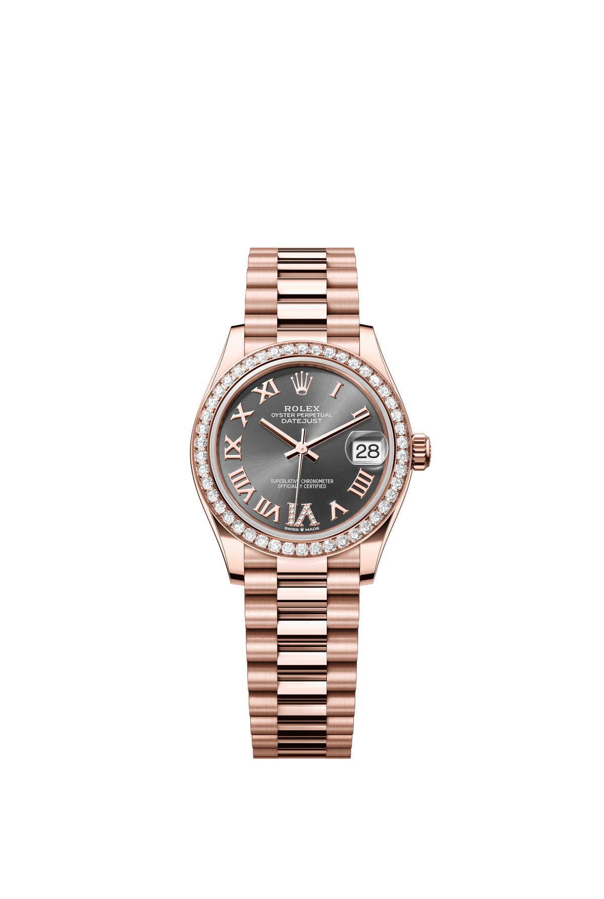 Rolex Oyster Perpetual Datejust 31 in 18 ct Everose gold features a slate, diamond-set dial and a President bracelet 278285RBR-Slate