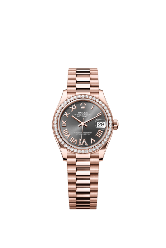 Rolex Oyster Perpetual Datejust 31 in 18 ct Everose gold features a slate, diamond-set dial and a President bracelet 278285RBR-Slate