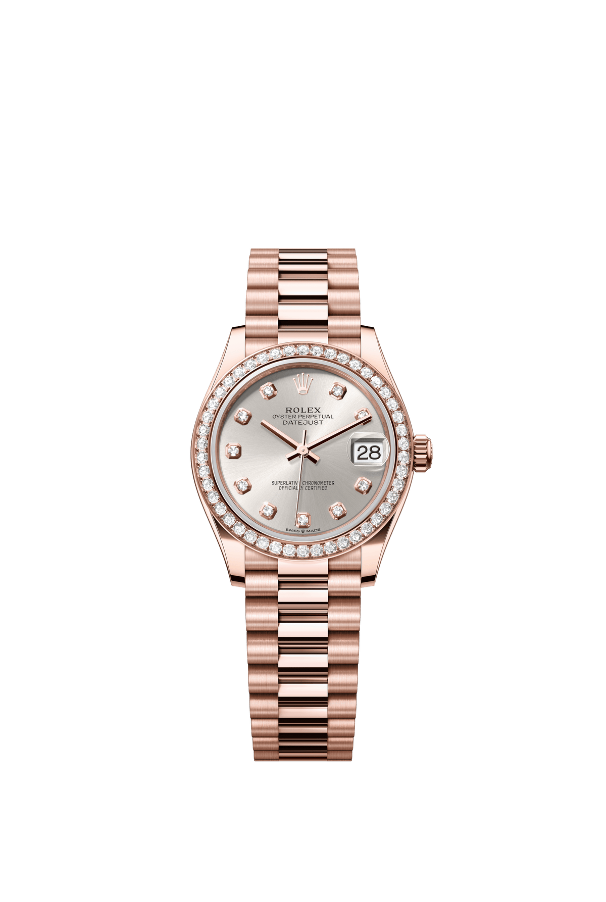 Rolex Oyster Perpetual Datejust 31 in 18 ct Everose gold features a silver, diamond-set dial and a President bracelet 278285RBR-Silver