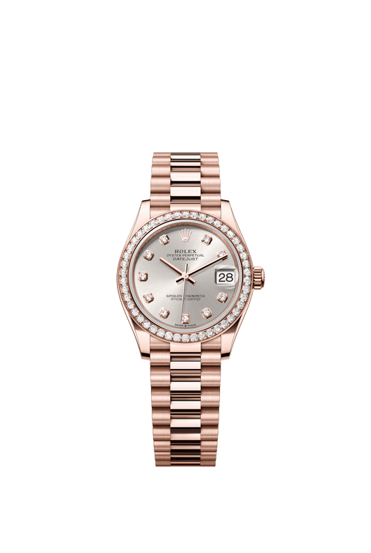 Rolex Oyster Perpetual Datejust 31 in 18 ct Everose gold features a silver, diamond-set dial and a President bracelet 278285RBR-Silver