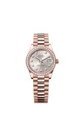 Rolex Oyster Perpetual Datejust 31 in 18 ct Everose gold features a silver, diamond-set dial and a President bracelet 278285RBR-Silver