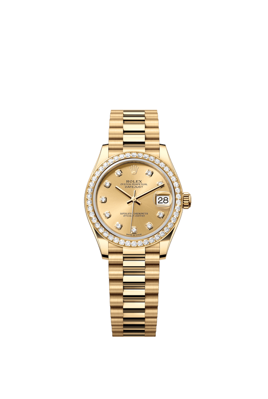 Rolex Oyster Perpetual Datejust 31 in 18 ct yellow gold features a champagne colour, diamond-set dial and a President bracelet 278288RBR-Champagne