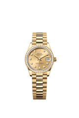 Rolex Oyster Perpetual Datejust 31 in 18 ct yellow gold features a champagne colour, diamond-set dial and a President bracelet 278288RBR-Champagne