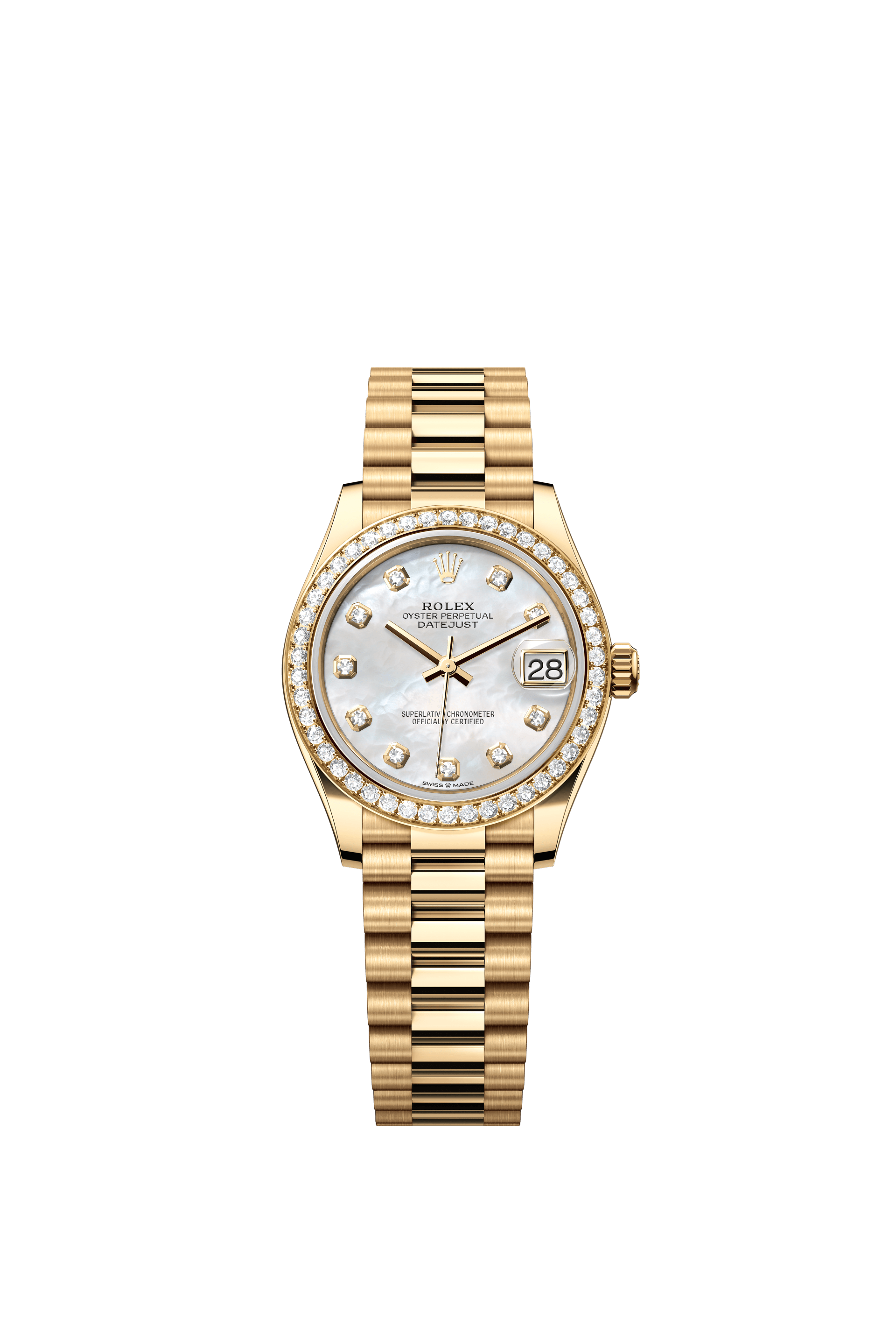 Rolex Oyster Perpetual Datejust 31 in 18 ct yellow gold features a white mother-of-pearl, diamond-set dial and a President bracelet 278288RBR-Mother of Pearl