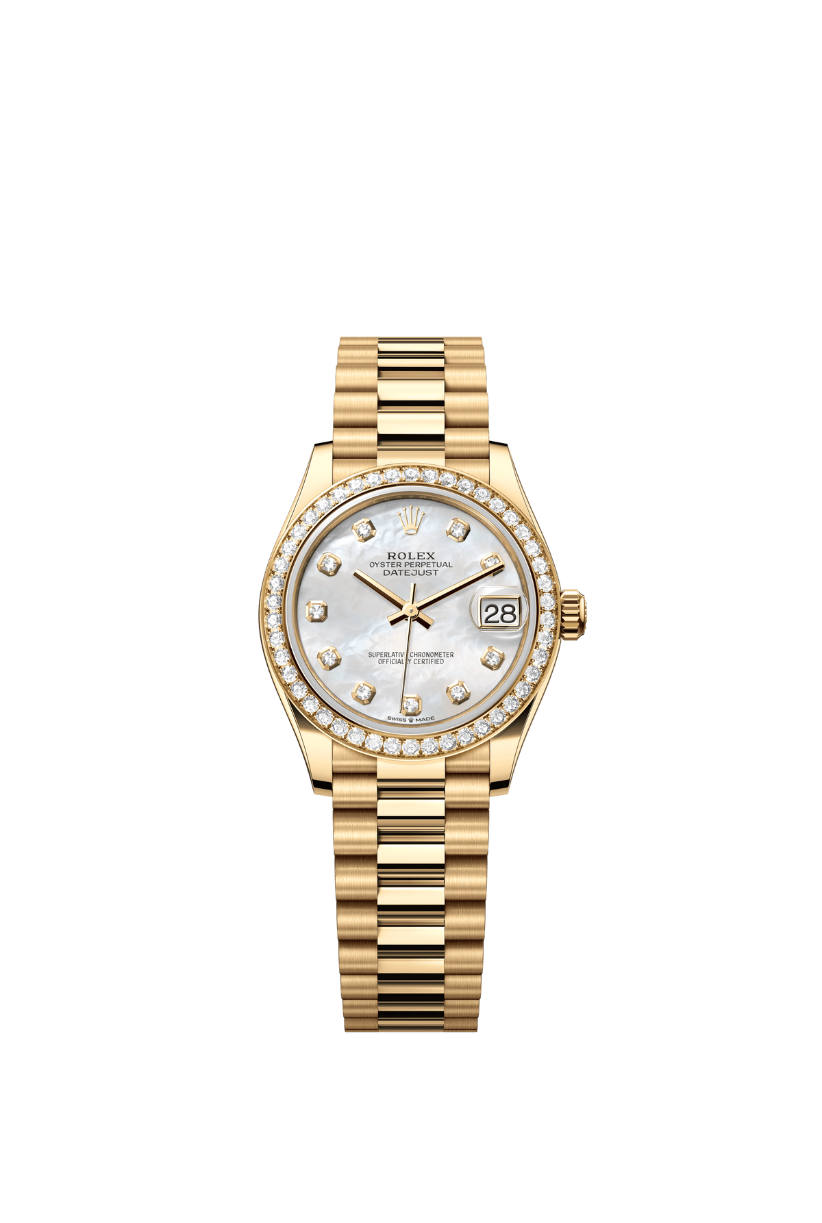 Rolex Oyster Perpetual Datejust 31 in 18 ct yellow gold features a white mother-of-pearl, diamond-set dial and a President bracelet 278288RBR-Mother of Pearl