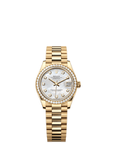 Rolex Oyster Perpetual Datejust 31 in 18 ct yellow gold features a white mother-of-pearl, diamond-set dial and a President bracelet 278288RBR-Mother of Pearl