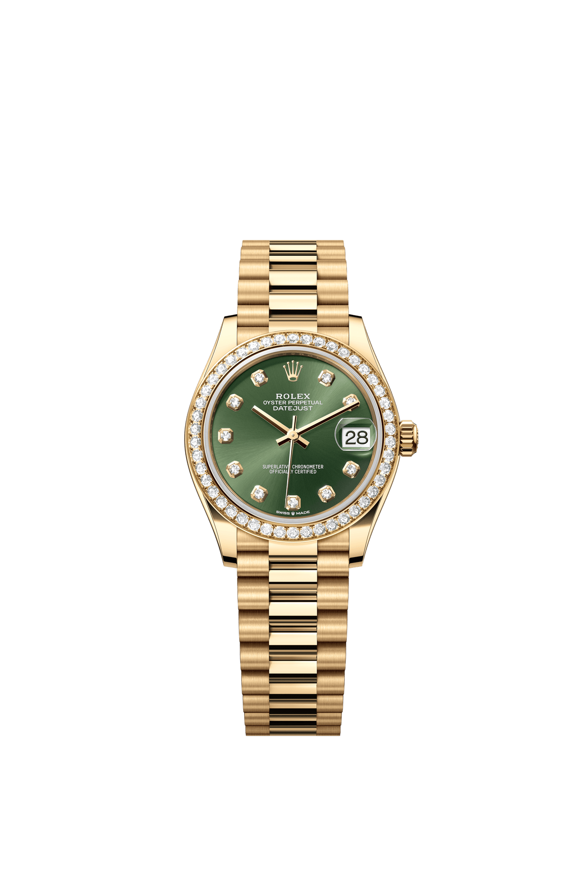 Rolex Oyster Perpetual Datejust 31 in 18 ct yellow gold features an olive-green, diamond-set dial and a President bracelet 278288RBR-Green 1