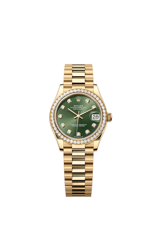 Rolex Oyster Perpetual Datejust 31 in 18 ct yellow gold features an olive-green, diamond-set dial and a President bracelet 278288RBR-Green 1