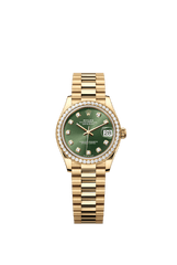 Rolex Oyster Perpetual Datejust 31 in 18 ct yellow gold features an olive-green, diamond-set dial and a President bracelet 278288RBR-Green 1