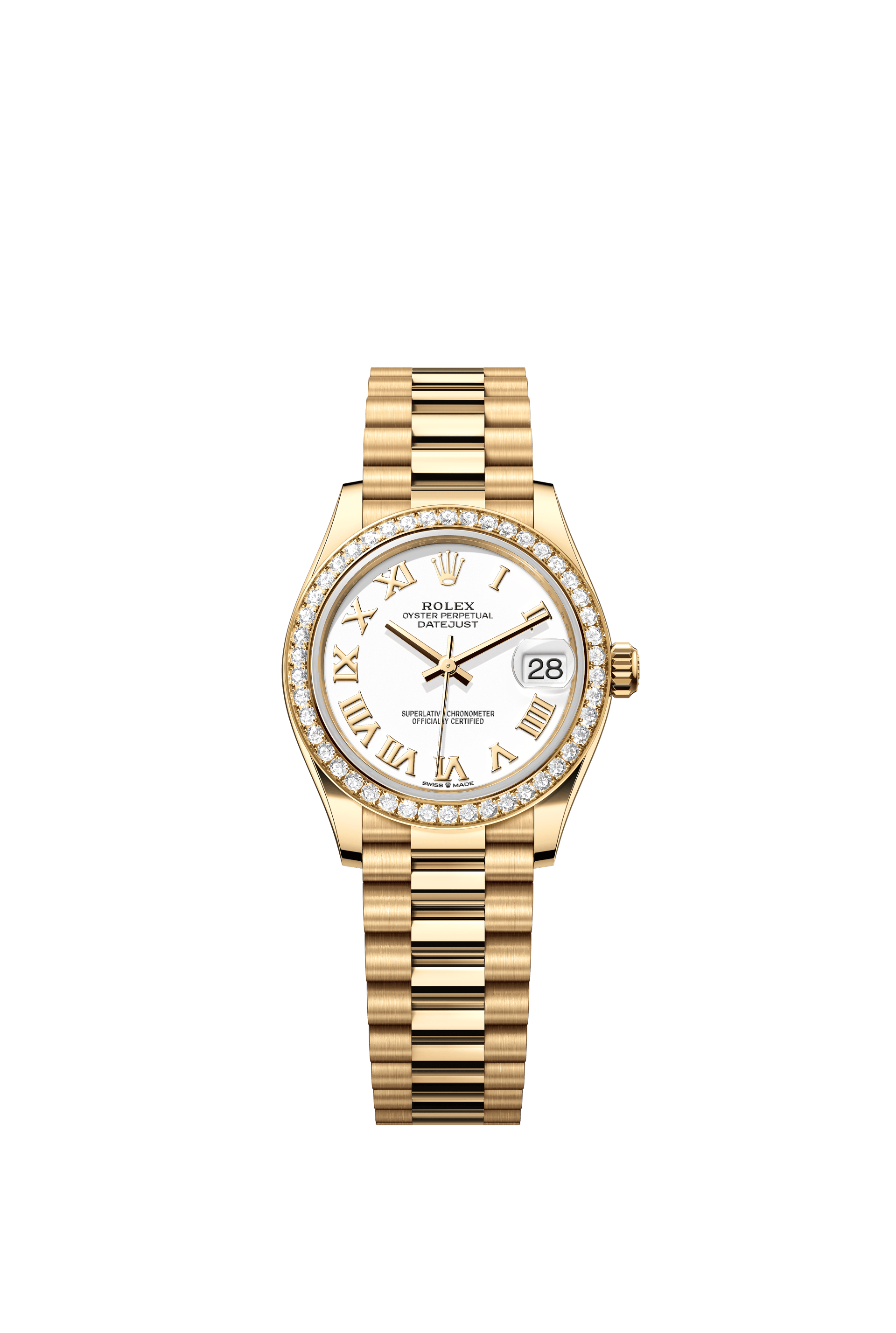 Rolex Oyster Perpetual Datejust 31 in 18 ct yellow gold features a white dial and a President bracelet 278288RBR-White