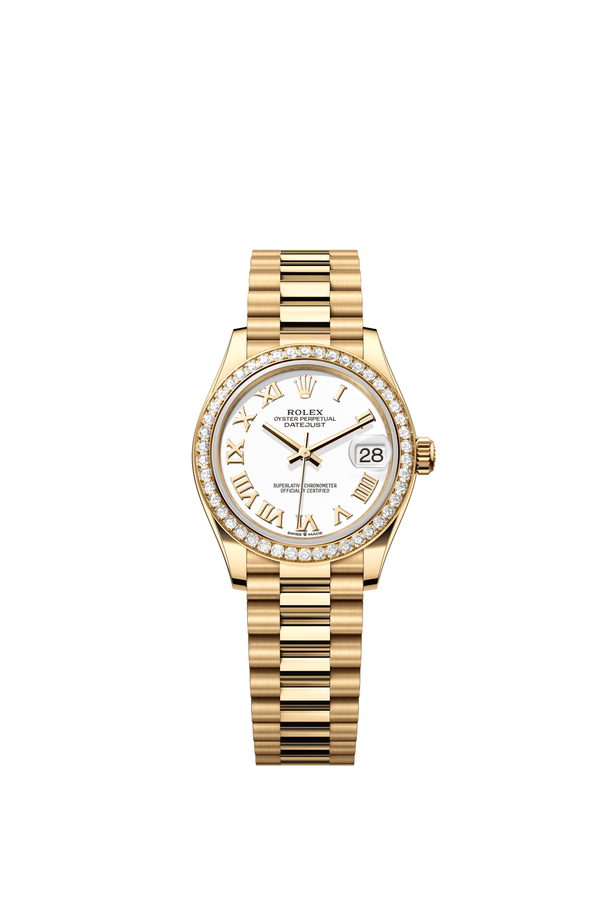 Rolex Oyster Perpetual Datejust 31 in 18 ct yellow gold features a white dial and a President bracelet 278288RBR-White