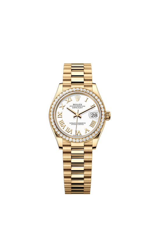 Rolex Oyster Perpetual Datejust 31 in 18 ct yellow gold features a white dial and a President bracelet 278288RBR-White