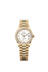 Rolex Oyster Perpetual Datejust 31 in 18 ct yellow gold features a white dial and a President bracelet 278288RBR-White