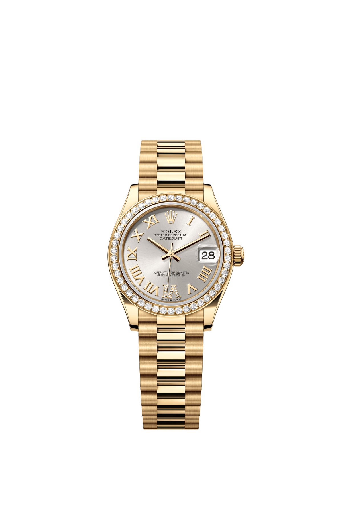 Rolex Oyster Perpetual Datejust 31 in 18 ct yellow gold features a silver, diamond-set dial and a President bracelet 278288RBR-Silver