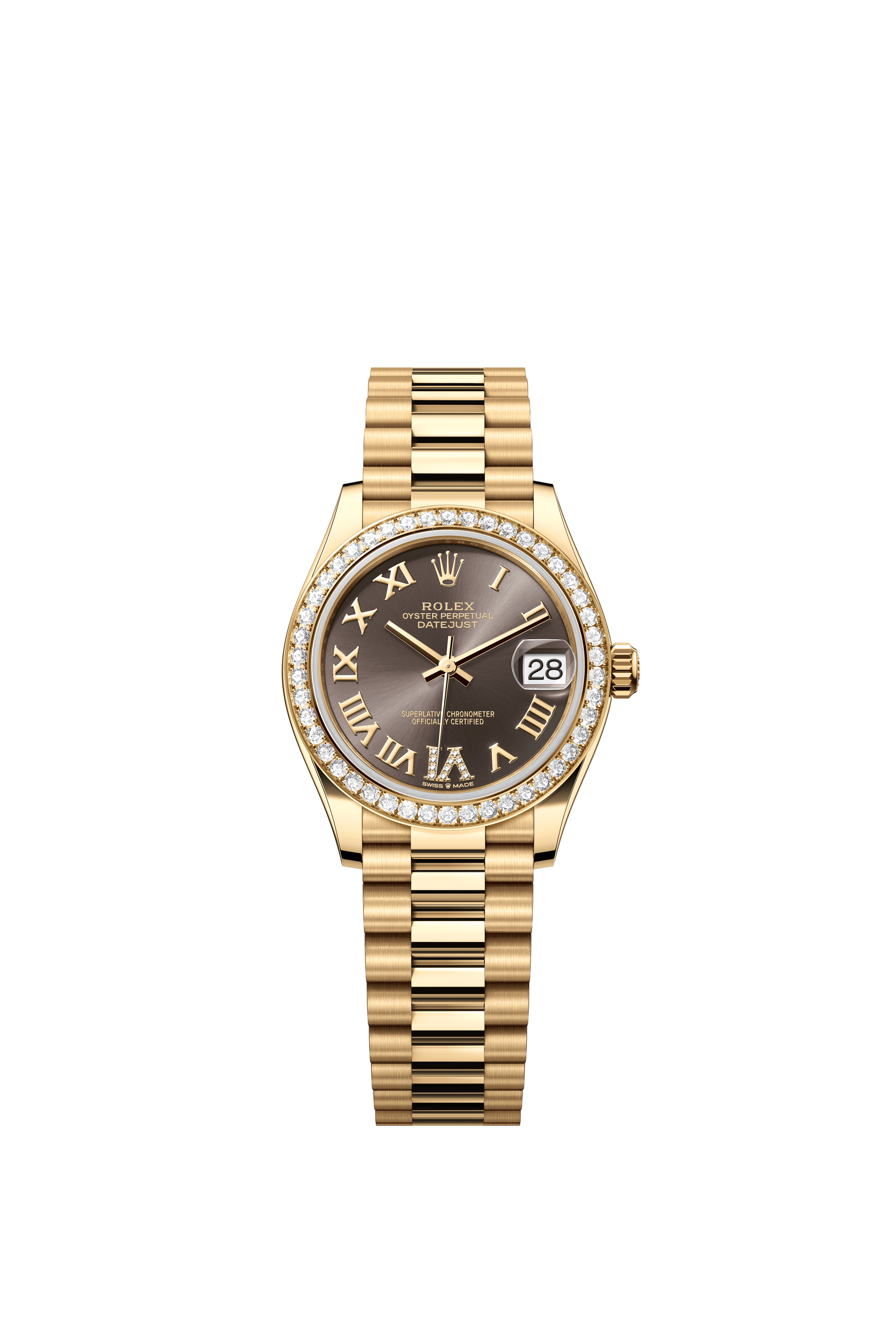 Rolex Oyster Perpetual Datejust 31 in 18 ct yellow gold features a dark grey, diamond-set dial and a President bracelet 278288RBR-Grey