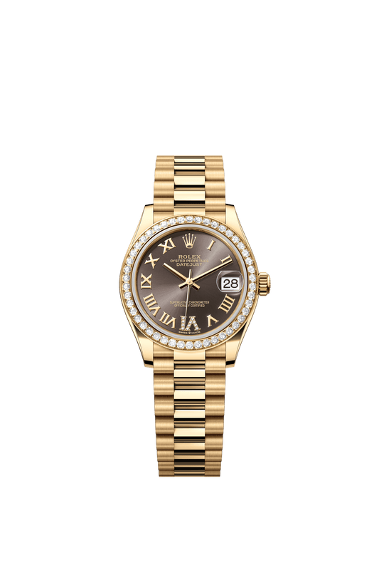 Rolex Oyster Perpetual Datejust 31 in 18 ct yellow gold features a dark grey, diamond-set dial and a President bracelet 278288RBR-Grey