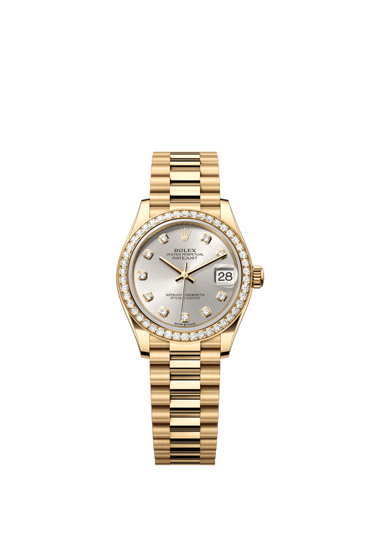 Rolex Oyster Perpetual Datejust 31 in 18 ct yellow gold features a silver, diamond-set dial and a President bracelet 278288RBR-Silver 1