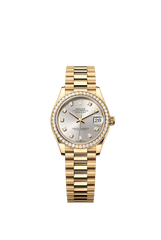 Rolex Oyster Perpetual Datejust 31 in 18 ct yellow gold features a silver, diamond-set dial and a President bracelet 278288RBR-Silver 1