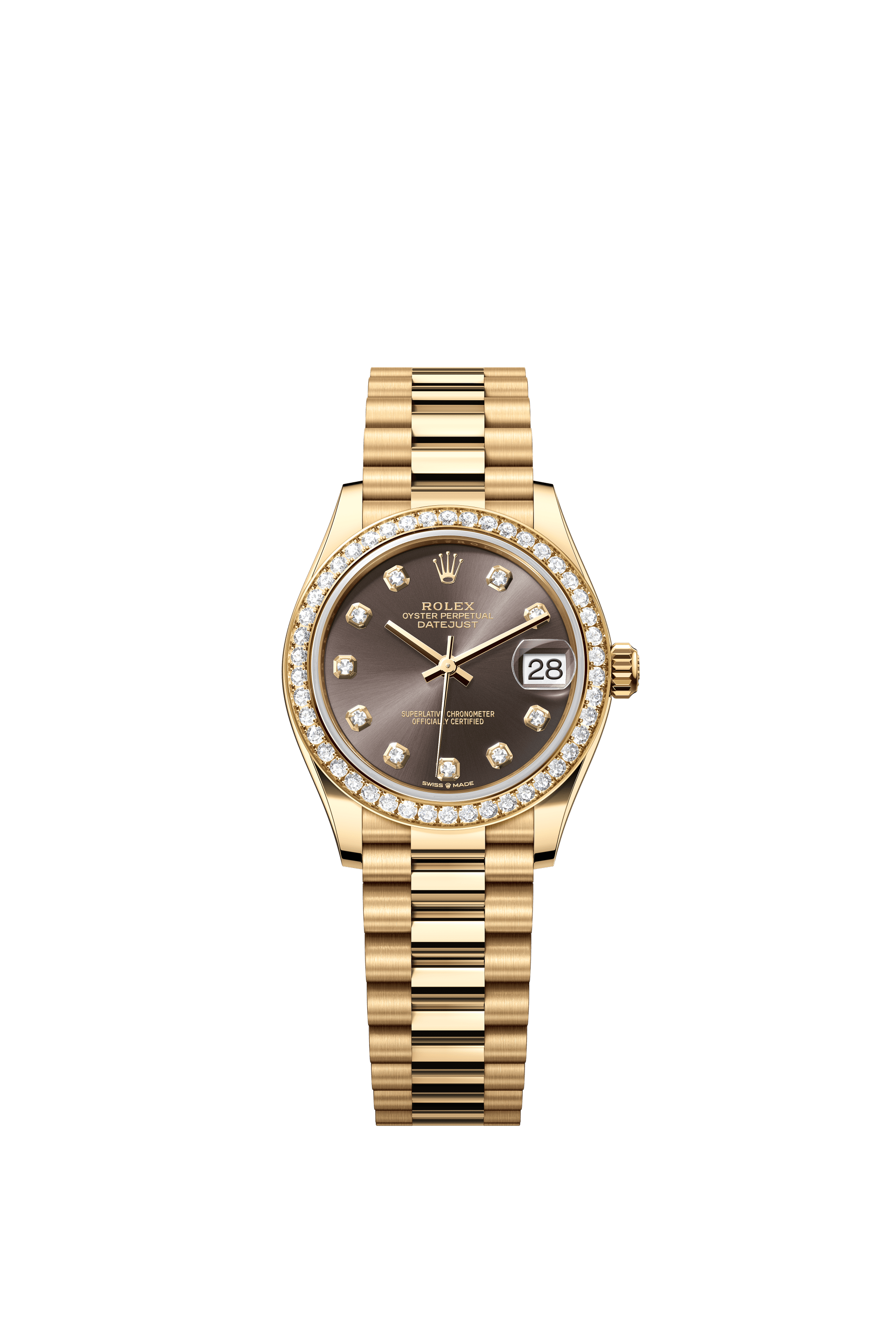 Rolex Oyster Perpetual Datejust 31 in 18 ct yellow gold features a dark grey, diamond-set dial and a President bracelet 278288RBR-Grey 1