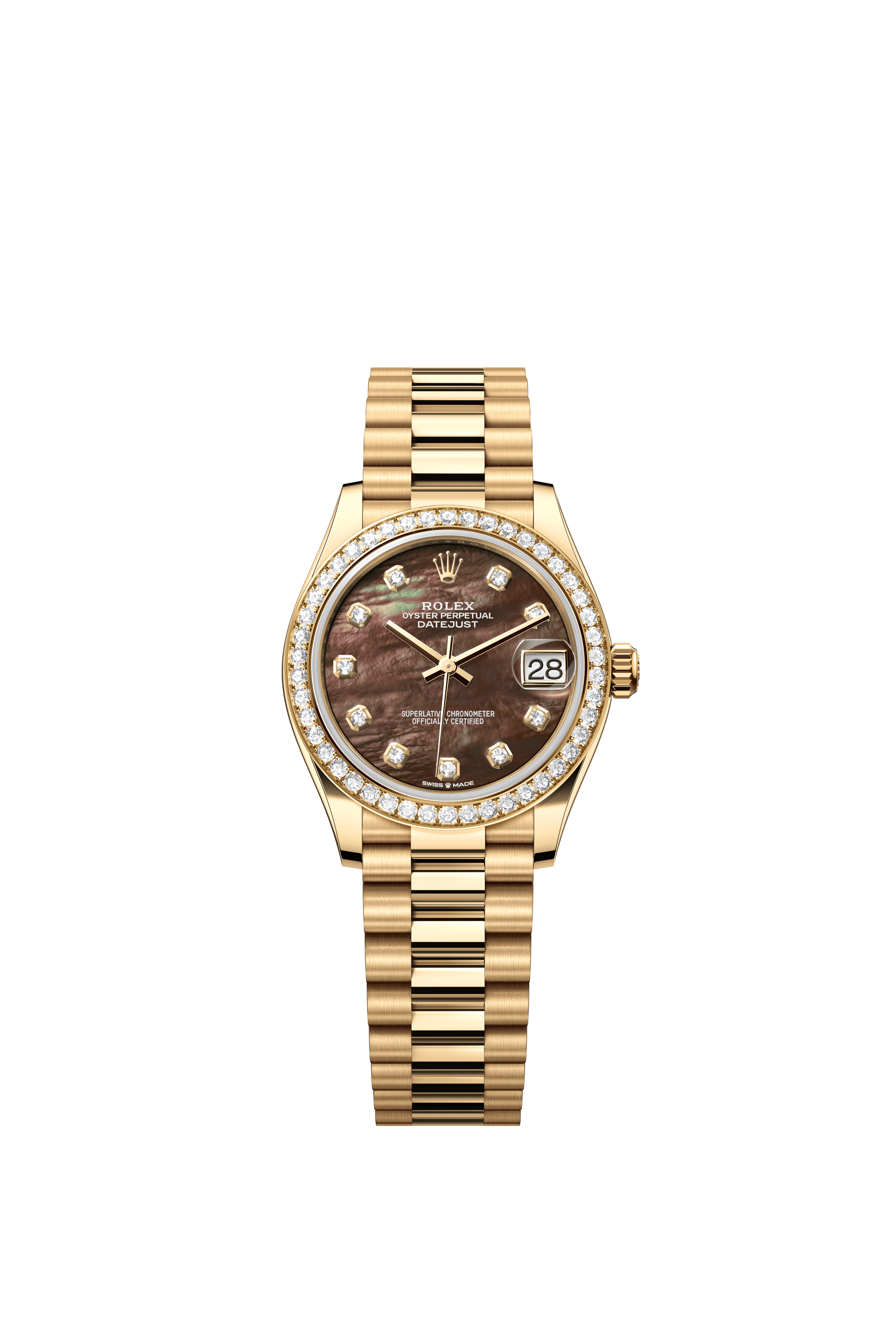 Rolex Oyster Perpetual Datejust 31 in 18 ct yellow gold features a black mother-of-pearl, diamond-set dial and a President bracelet 278288RBR-Black Mother of Pearl