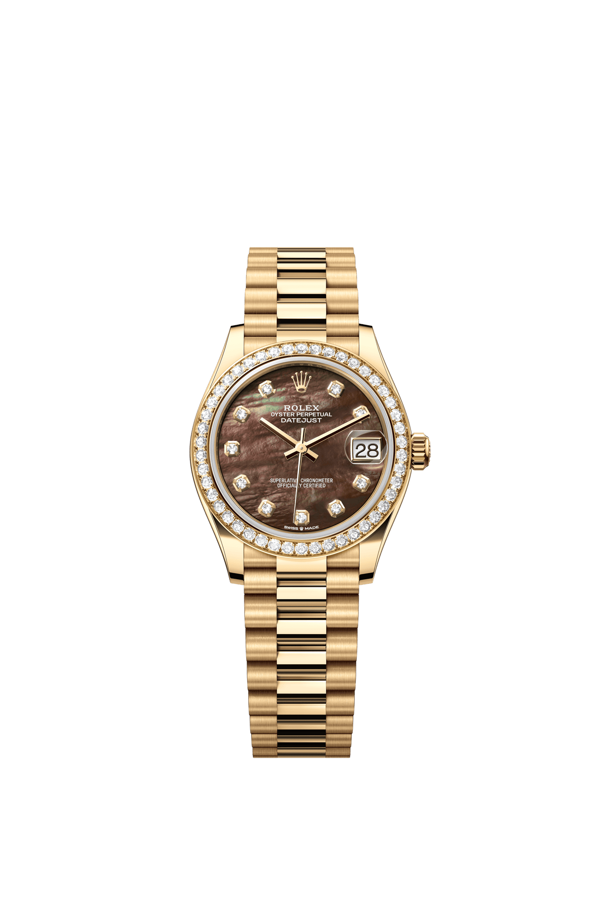 Rolex Oyster Perpetual Datejust 31 in 18 ct yellow gold features a black mother-of-pearl, diamond-set dial and a President bracelet 278288RBR-Black Mother of Pearl