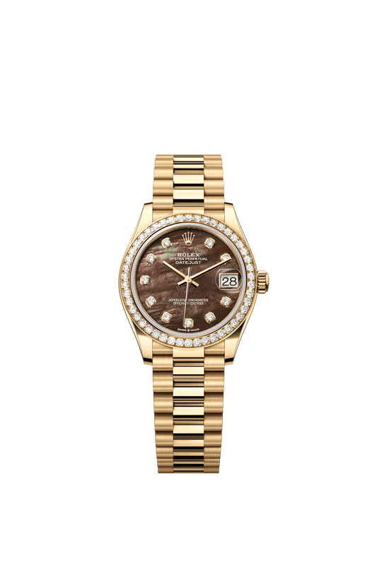 Rolex Oyster Perpetual Datejust 31 in 18 ct yellow gold features a black mother-of-pearl, diamond-set dial and a President bracelet 278288RBR-Black Mother of Pearl