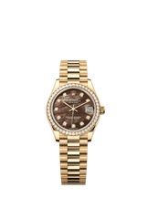 Rolex Oyster Perpetual Datejust 31 in 18 ct yellow gold features a black mother-of-pearl, diamond-set dial and a President bracelet 278288RBR-Black Mother of Pearl