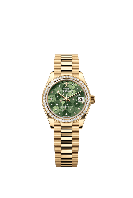 Rolex Oyster Perpetual Datejust 31 in 18 ct yellow gold features an olive-green floral-motif, diamond-set dial and a President bracelet 278288RBR-Green