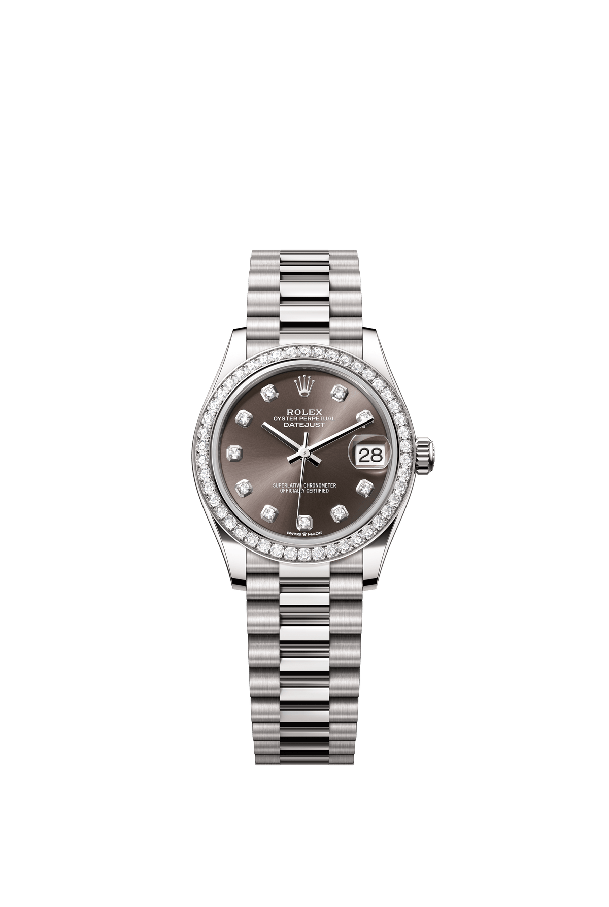 Rolex Oyster Perpetual Datejust 31 in 18 ct white gold features a dark grey, diamond-set dial and a President bracelet 278289RBR-Grey