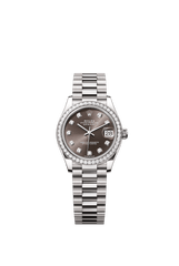 Rolex Oyster Perpetual Datejust 31 in 18 ct white gold features a dark grey, diamond-set dial and a President bracelet 278289RBR-Grey