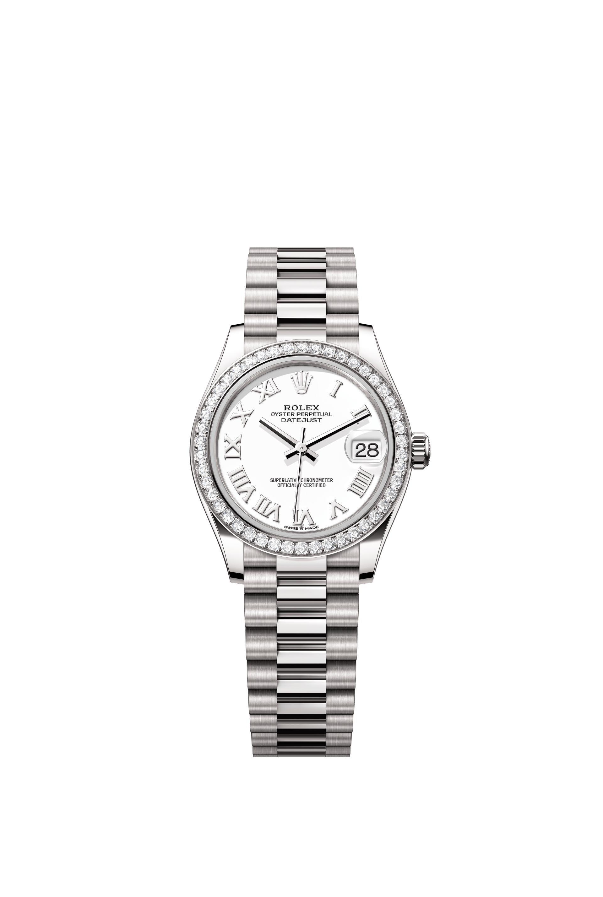 Rolex Oyster Perpetual Datejust 31 in 18 ct white gold features a white dial and a President bracelet 278289RBR-White