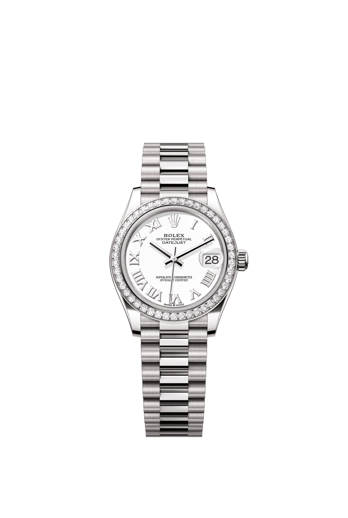 Rolex Oyster Perpetual Datejust 31 in 18 ct white gold features a white dial and a President bracelet 278289RBR-White