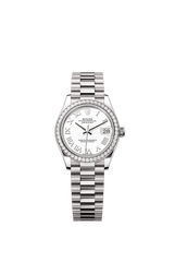 Rolex Oyster Perpetual Datejust 31 in 18 ct white gold features a white dial and a President bracelet 278289RBR-White