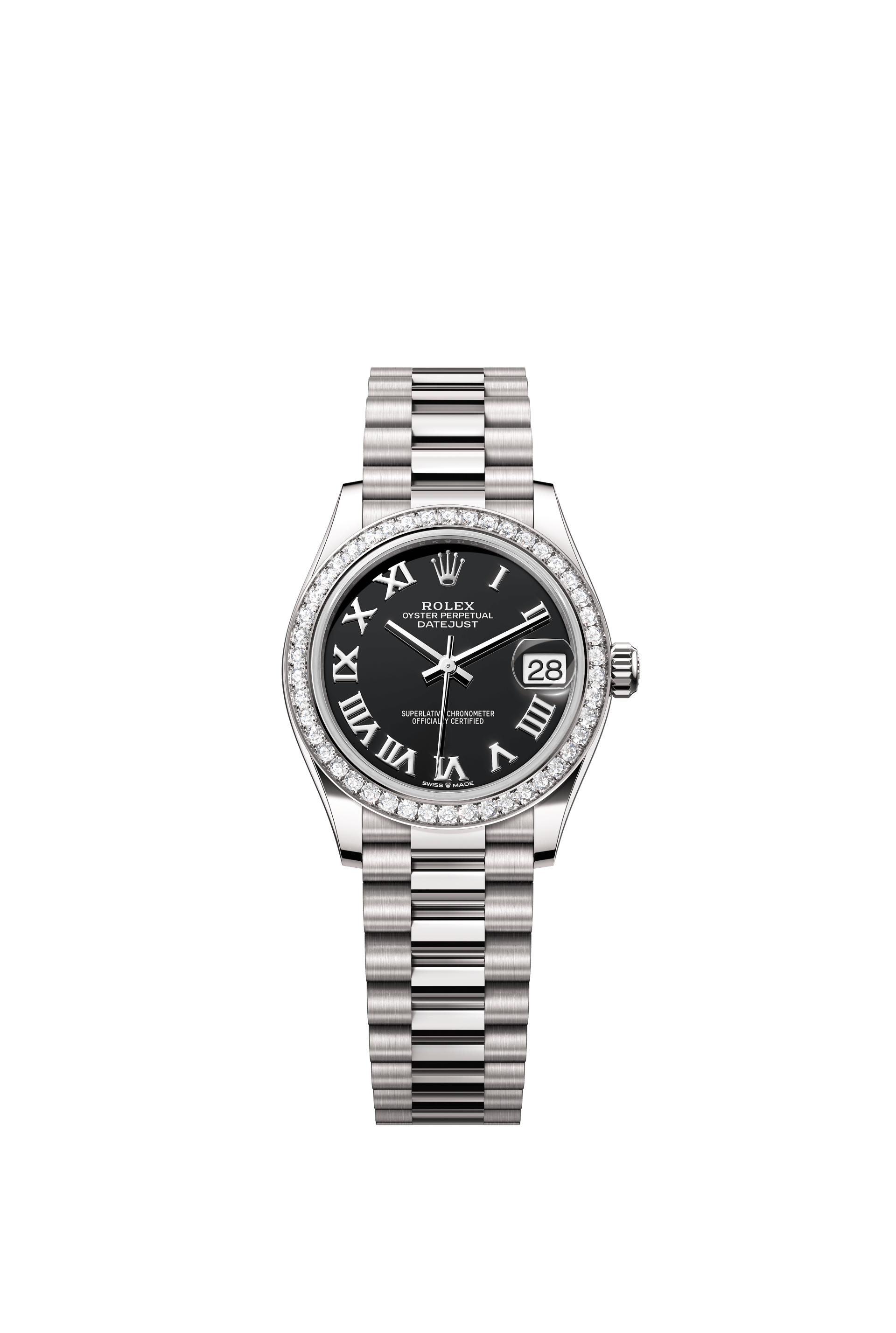 Rolex Oyster Perpetual Datejust 31 in 18 ct white gold features a bright black dial and a President bracelet 278289RBR-Black